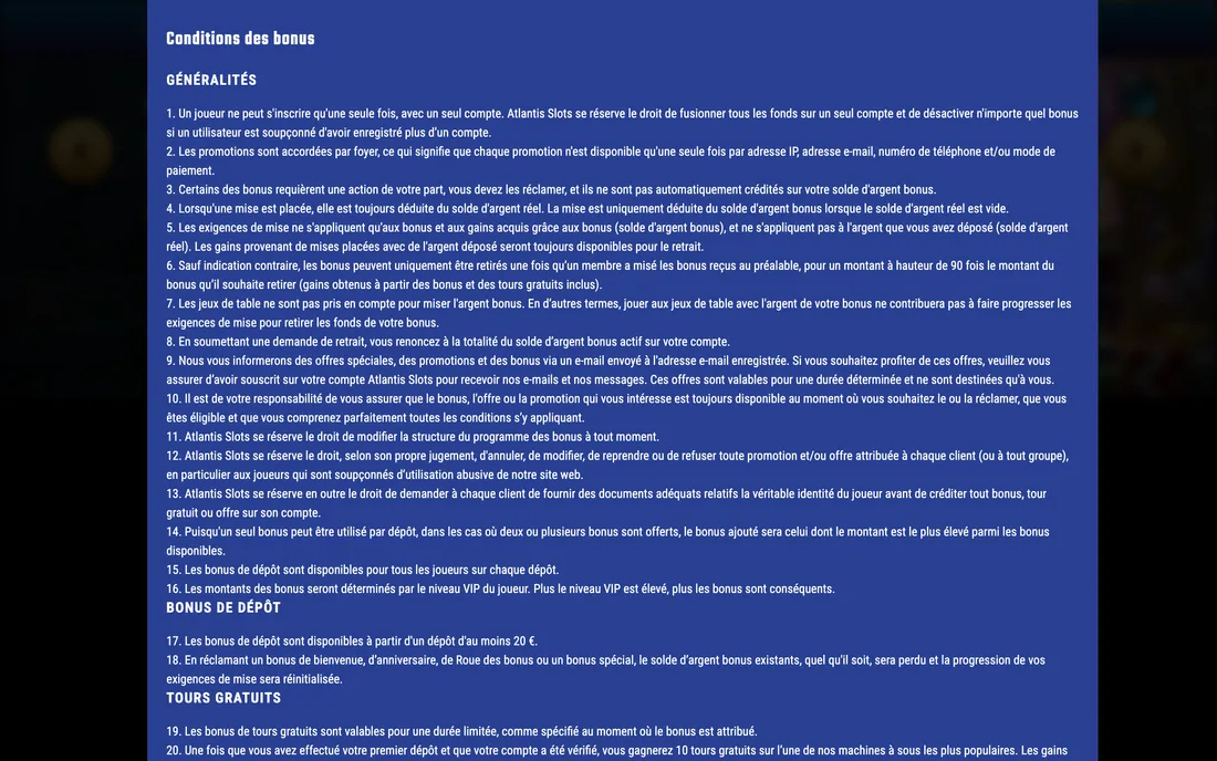 Atlantis Slots’s bonus terms: the rules governing every offer on the site.