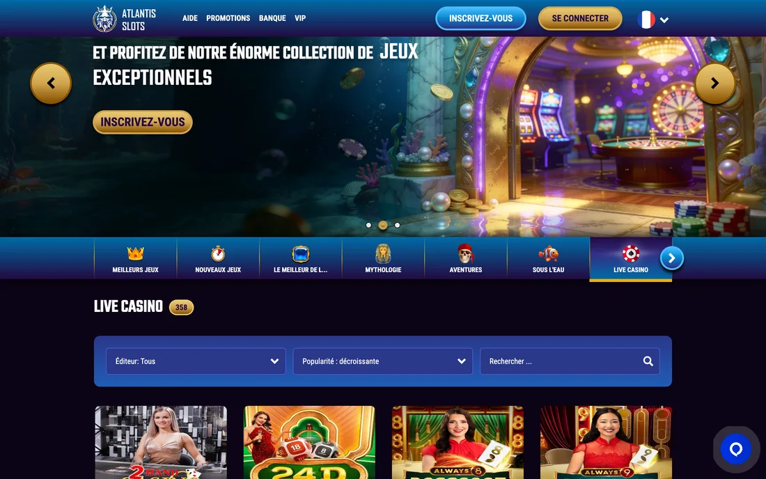 Atlantis Slots’s live casino: the live tables, sorted by game type.