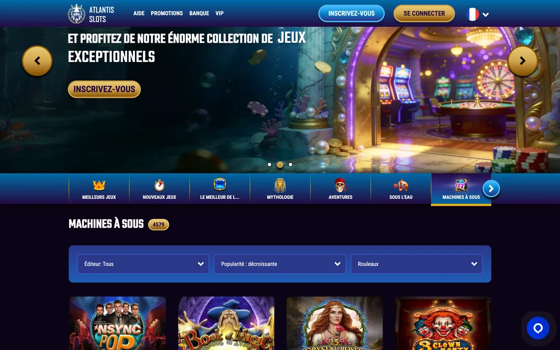 Atlantis Slots’s slot lobby: 4,579 slots on the counter, with Provider, Popularity and Reels filters.