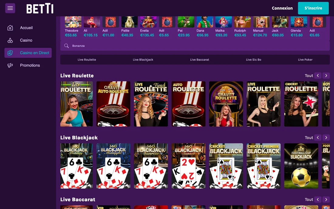 Betti’s live casino: the live tables and the recent-winners ticker.