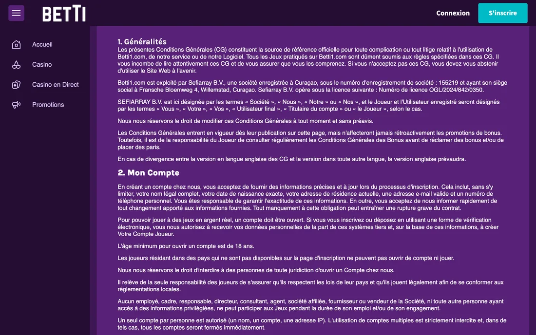 Betti’s payment terms: the general terms, from their first clause onwards.