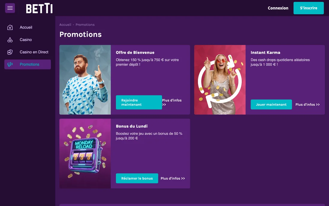 Betti’s promotions page: the welcome offer and the running promotions, each with its own claim button.