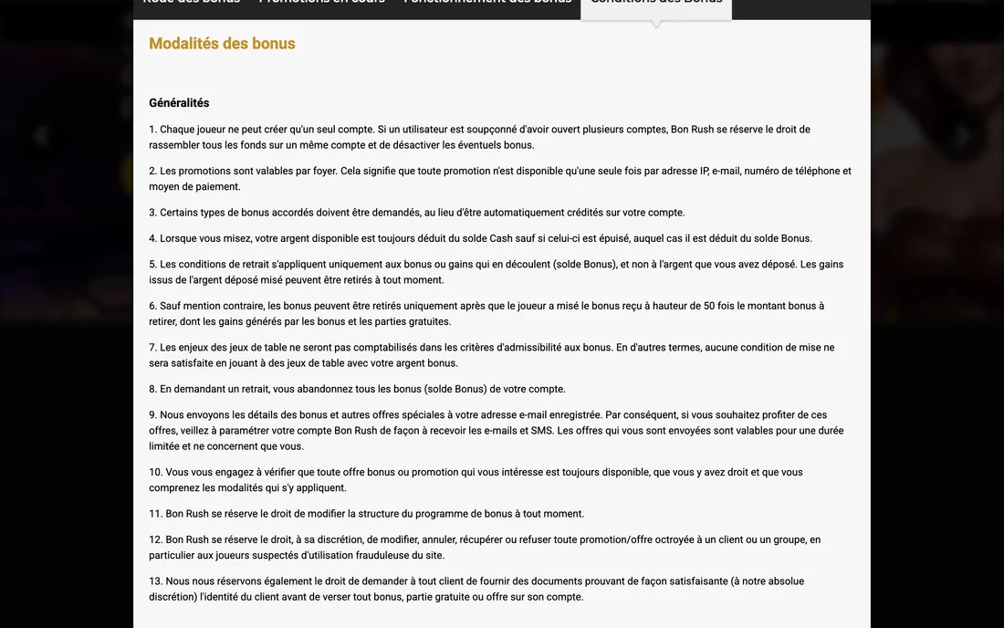 BonRush’s bonus terms: the terms text, readable without opening an account.