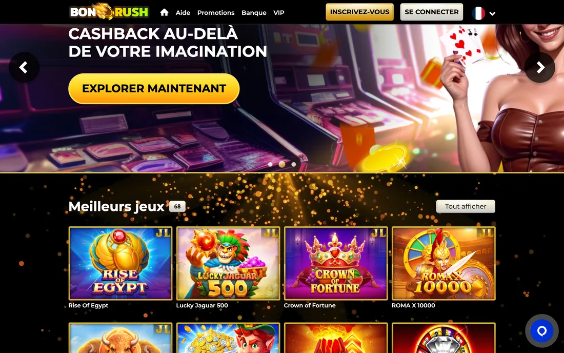 BonRush’s slot lobby: the lobby and its provider and popularity filters.