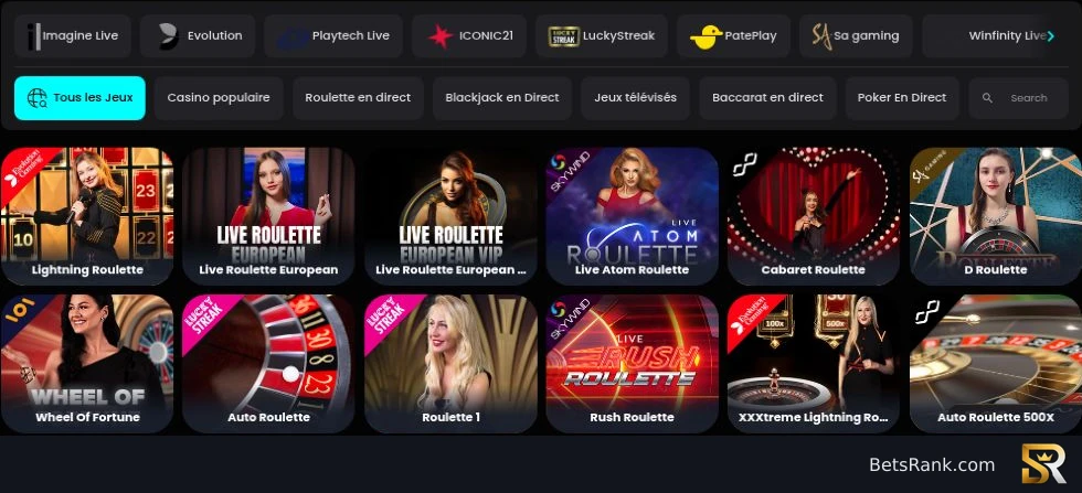 Mesas de ruleta en vivo con filtros de Evolution, Playtech Live e Imagine Live.