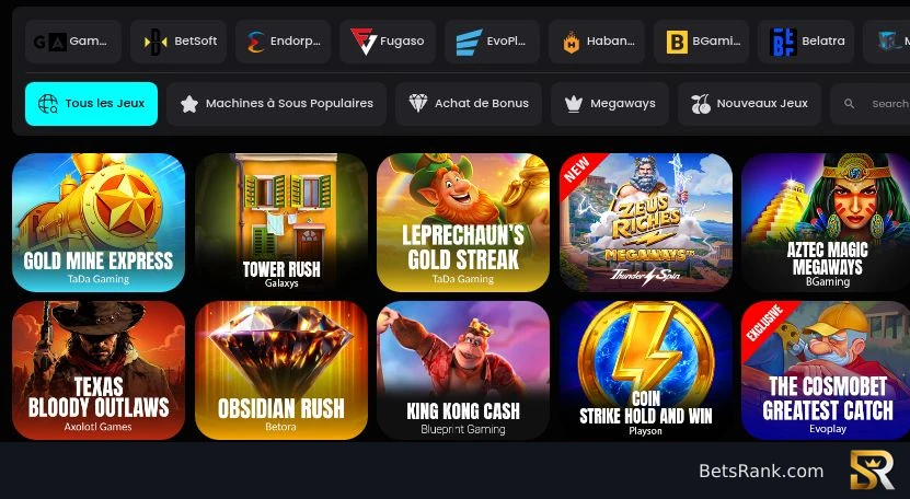 El catálogo de tragamonedas con filtros por proveedor y The CosmoBet Greatest Catch.