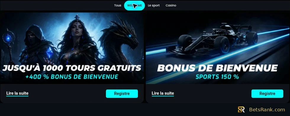 Ofertas de bienvenida de casino y deportes. El 400 % del casino se reparte entre cuatro depósitos.