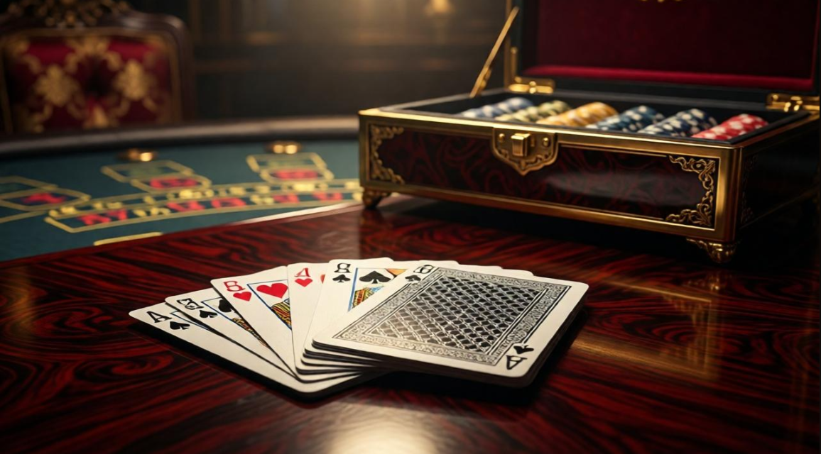 Tavolo da baccarat elegante con carte disposte e mazziera dorata