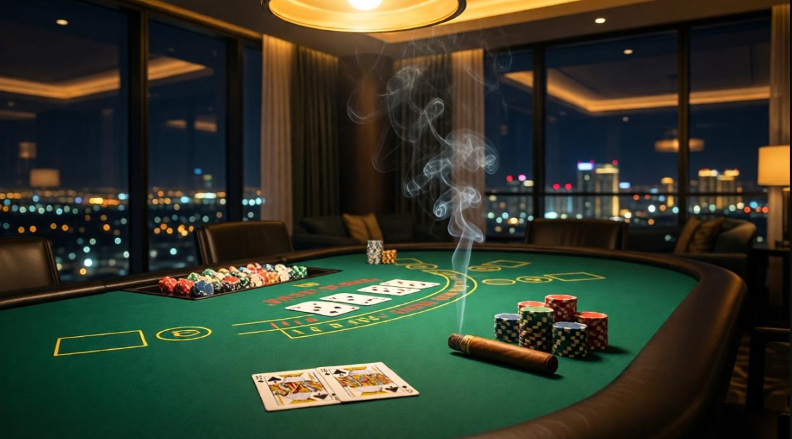 Casino poker table with cards and chips — Vegas penthouse atmosphere