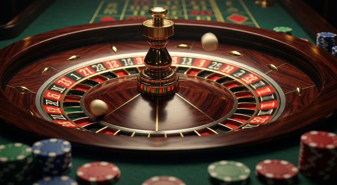 Ruota della roulette europea in rotazione con pallina e cornice in mogano e ottone