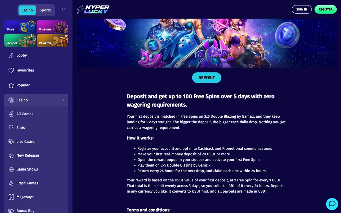The welcome offer terms: a 20 USDT minimum deposit, spins spread over five days, and the line “zero wagering requirements”.