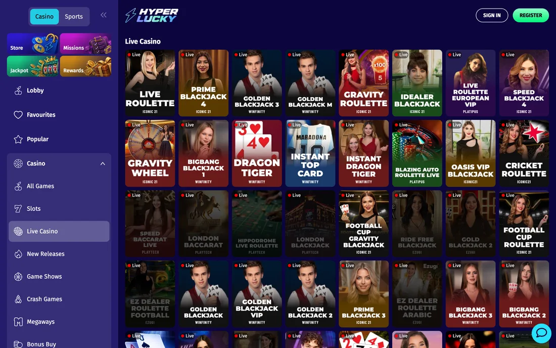 The live casino and its Golden Blackjack, Prime Blackjack and Gravity Roulette tables.