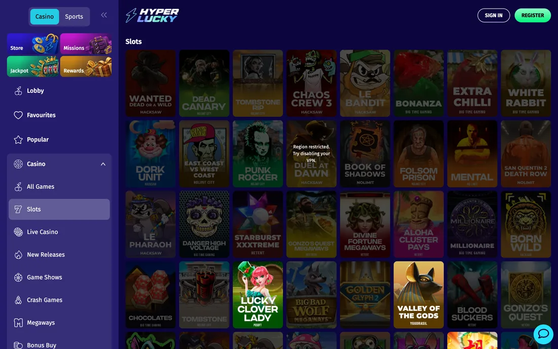 The slot lobby and its side menu: Popular, New Releases, Game Shows, Crash, Megaways, Bonus Buy.