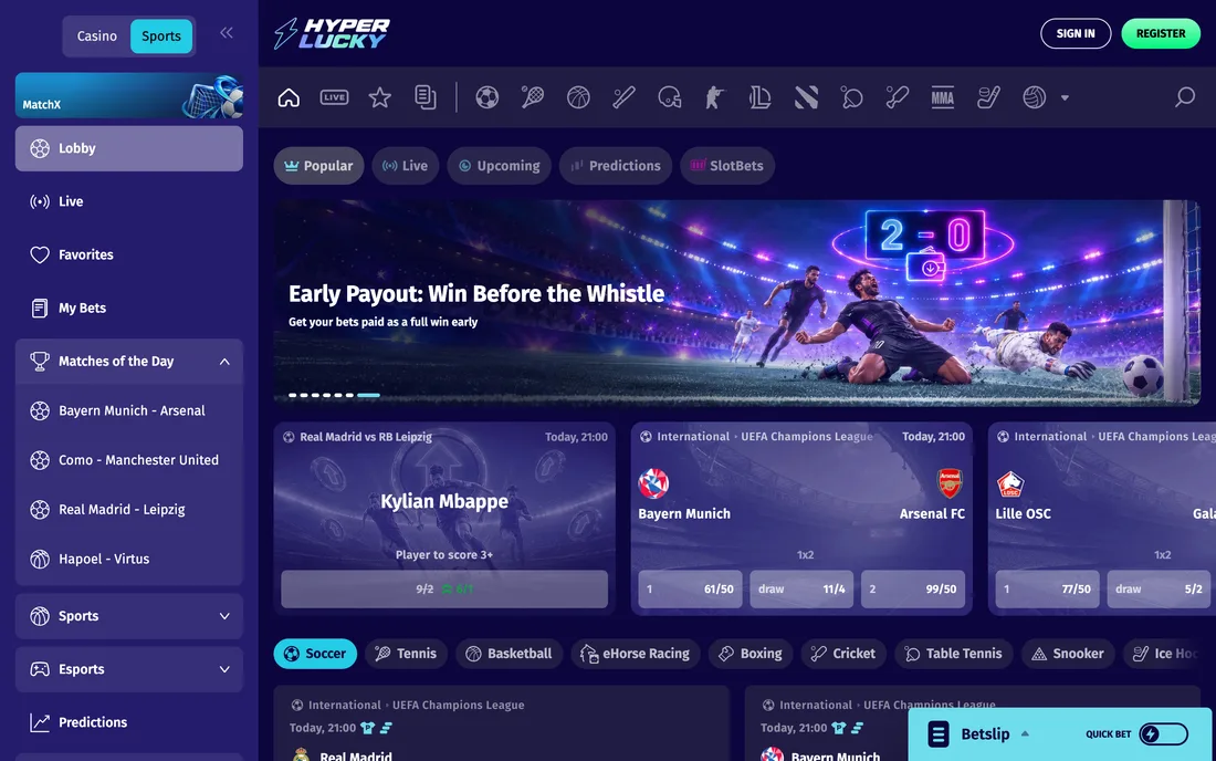 The sportsbook, on the same account as the casino. Odds shown are from the time of capture.