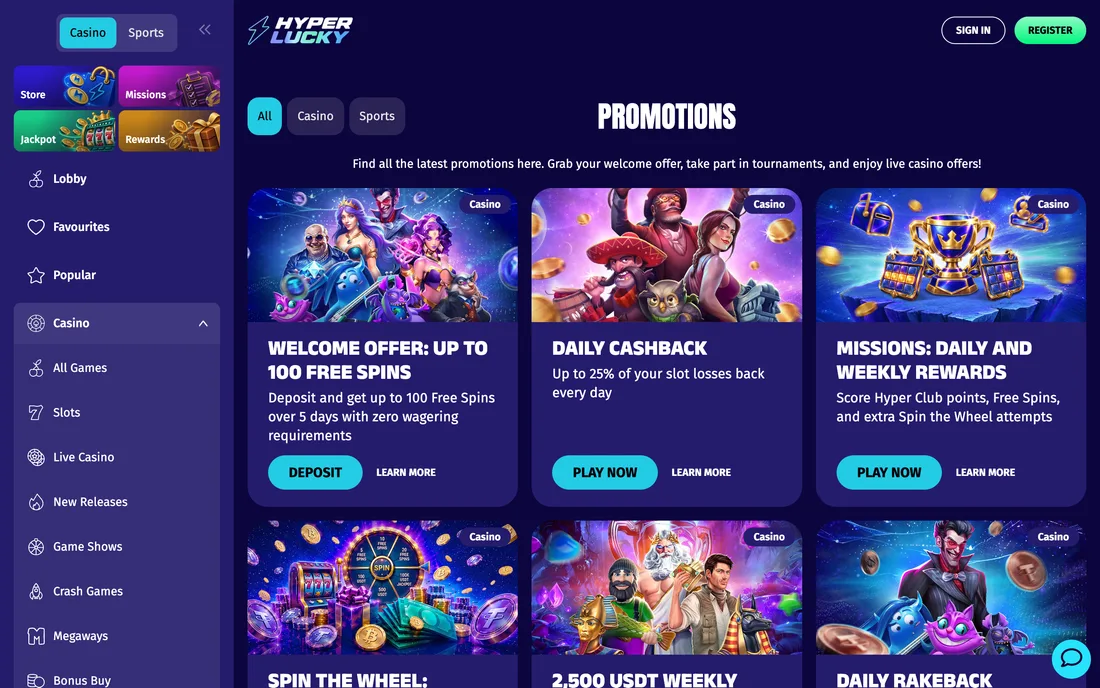 The promotions page: the welcome offer of up to 100 free spins with zero wagering, the daily cashback up to 25%, missions, the 100,000 USDT wheel and rakeback.