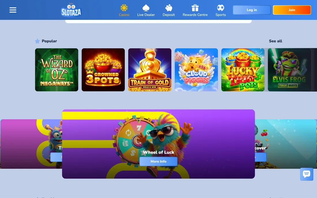 Die Lobby, ihre Neuheiten und die Spin Zone, erreichbar durch Scrollen der Startseite.