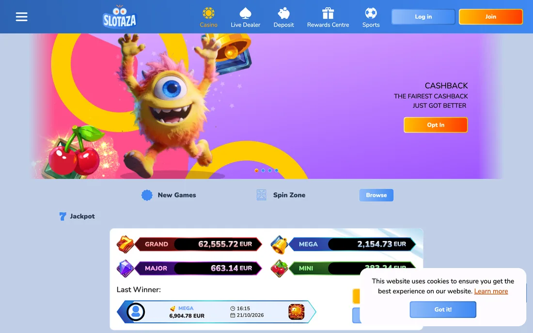 Die Startseite und ihr Banner: 500 % Willkommensbonus plus 200 Freispiele, mit den Jackpots Grand, Mega, Major und Mini in Euro.