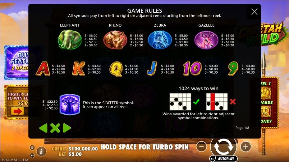 Cheetah Wild — The 1,024-ways paytable