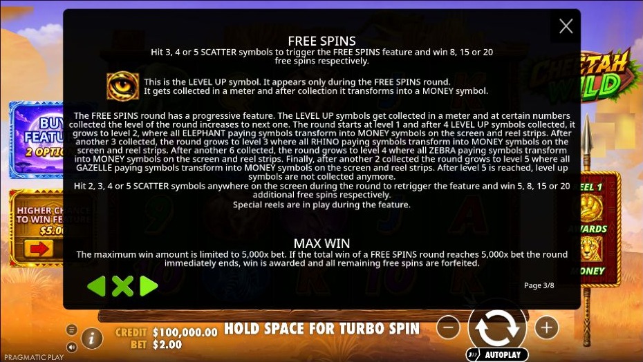 Cheetah Wild — The five free-spin levels