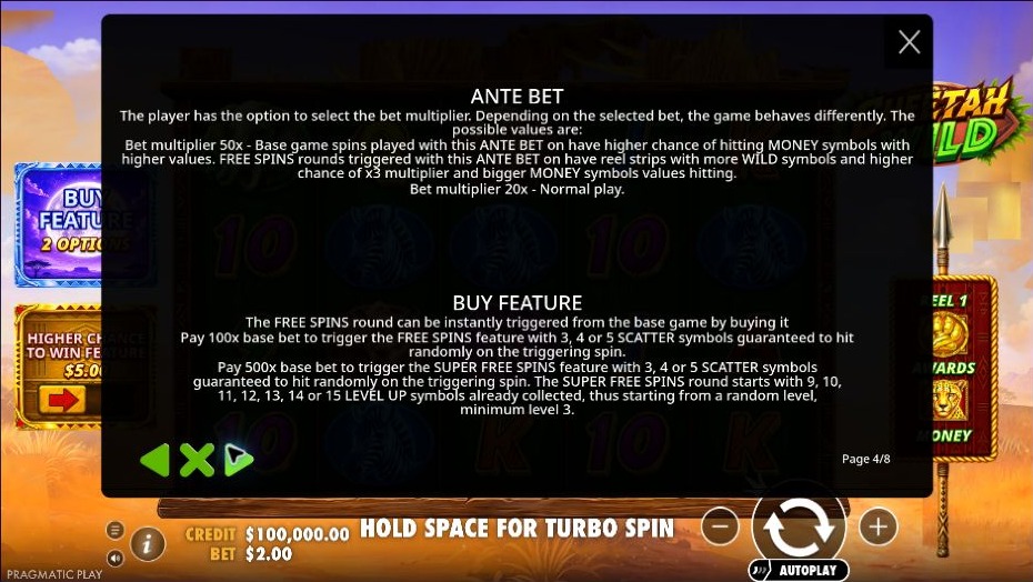 Cheetah Wild — Ante Bet and bonus purchases