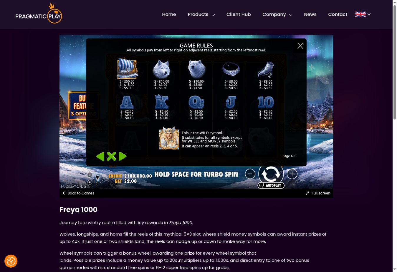Freya 1000 — The paytable