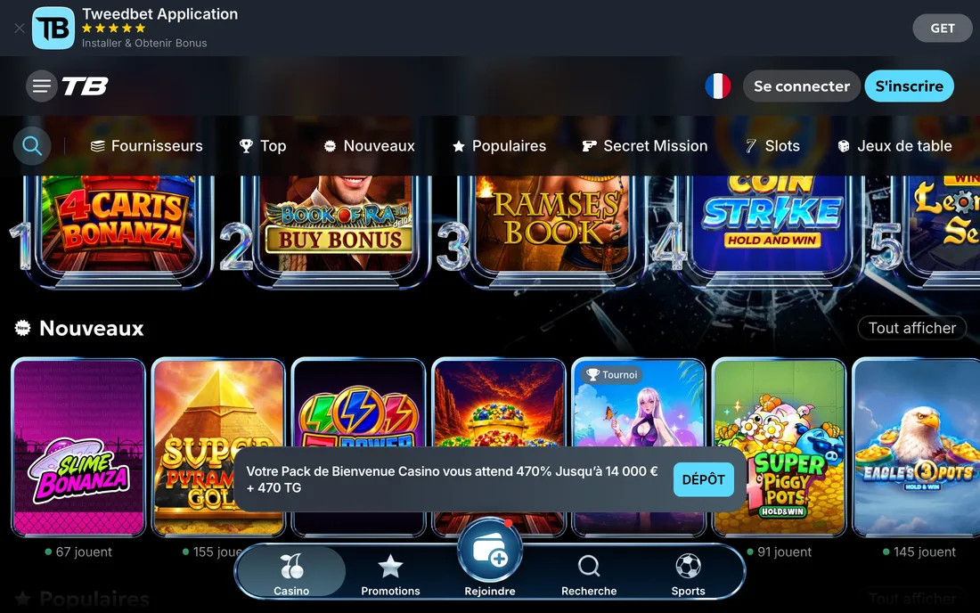 The casino lobby: Top ranking, New section, and the Providers, Popular, Secret Mission, Slots and Table games menu.