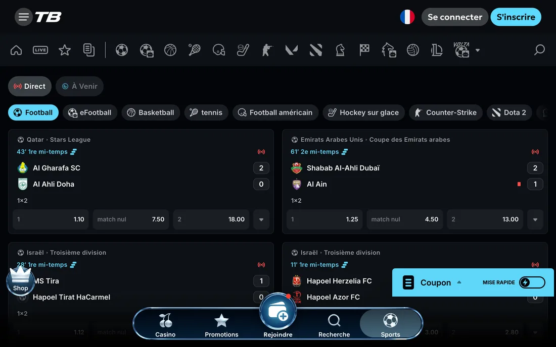 Live sports betting, on the same account as the casino: football, basketball, tennis, hockey and esports. Odds shown are from the time of capture.