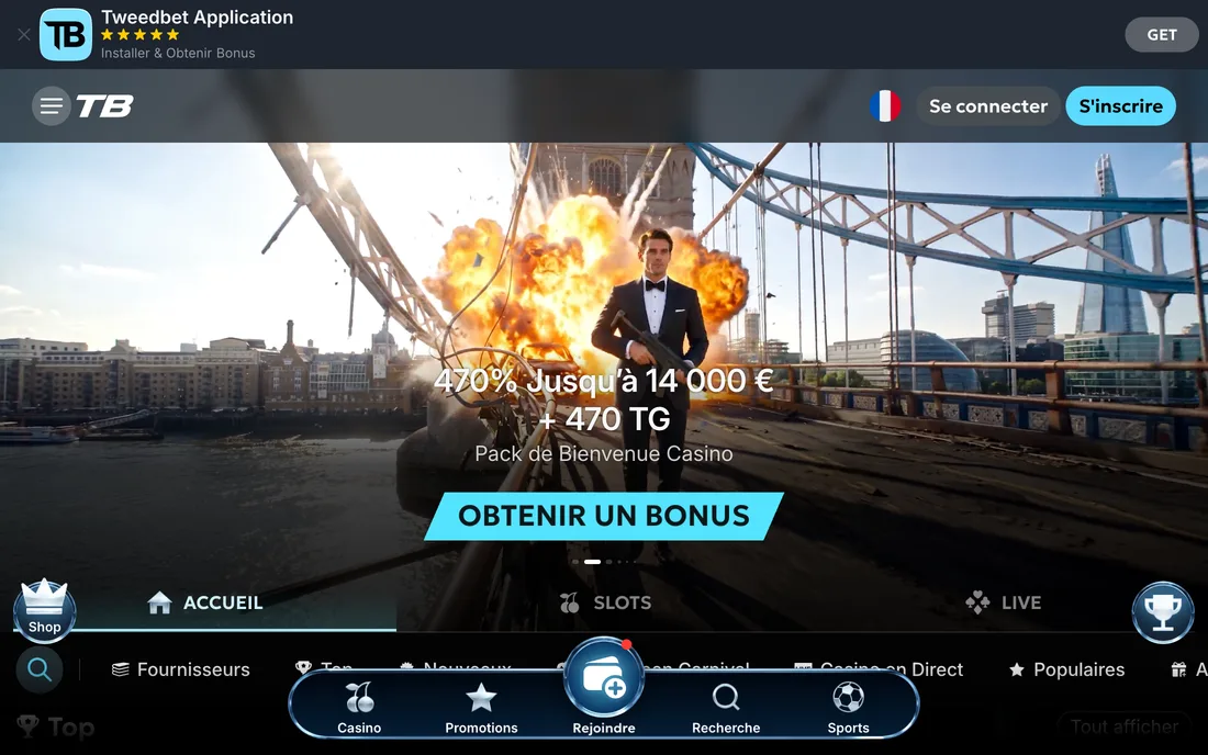 The home page and its main banner: the Casino Welcome Pack, 470% up to €14,000 + 470 free spins.
