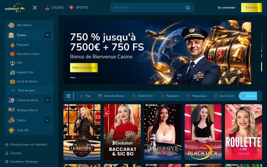 The live casino and its tables: roulette, blackjack, baccarat and game shows.